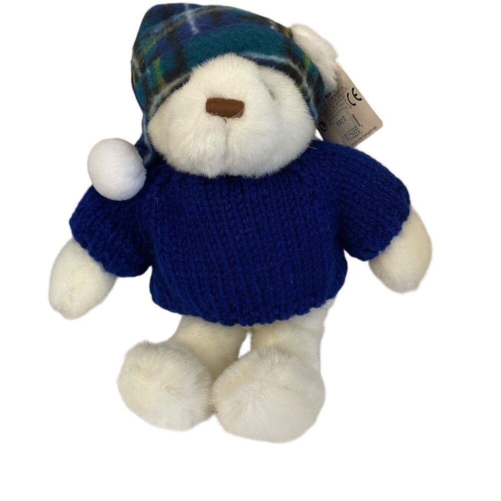 Gund Spunky Teddy Bear Plush With‎ Blue Sweater & Plaid Hat 9"